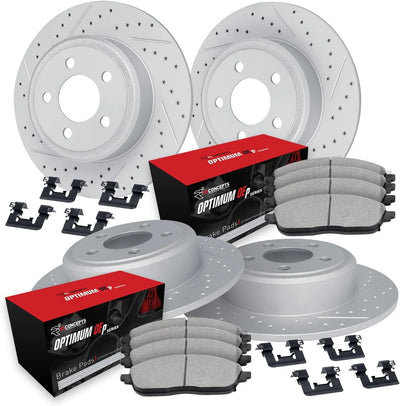 R1 05-20 Chrysler 300 Front & Rear Drill/Slot Carbon Coated Rotor Set w/Optimum Pads
