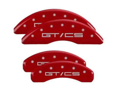 SET OF 4 CALIPER COVERS ENGRAVED FRONT/REAR GT/CS SILVER CHARACTERS RED POWDER