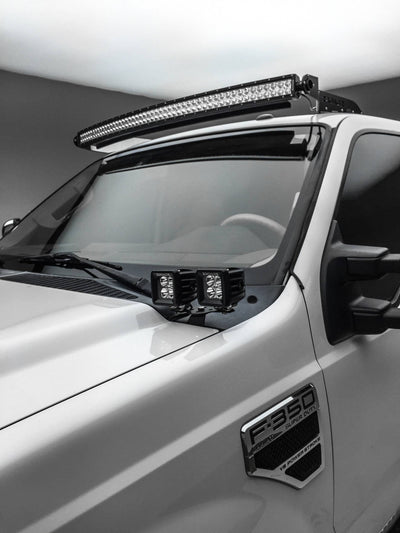 ~(8 lbs. 18X8X3)~ 2011-2016 FORD F250/F350: Hood Hinges LED Light Bar Mounts - By A Pillar - for mounting Four 3 IN Zroadz Cube Pod Work Lights or Similar Style Light - Bolts On to Hood Hinges - Easy Install