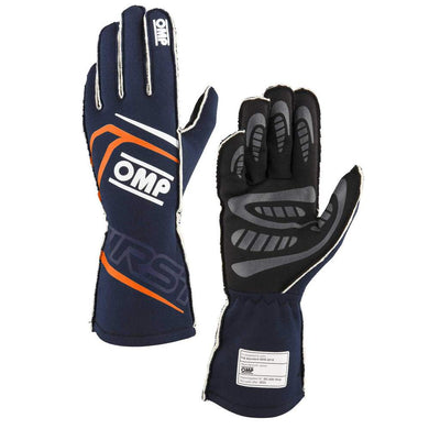 OMP FIRST GLOVES FIA 8856-2018 MY2025 NAVY BLUE / FLUO ORANGE SZ XS