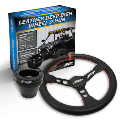 PRP Deep Dish Leather Steering Wheel Kit Red with UTV Hub for Polaris RZR Can Am X3 Wildcat EZ-GO GEM John Deere Gator KG132-01