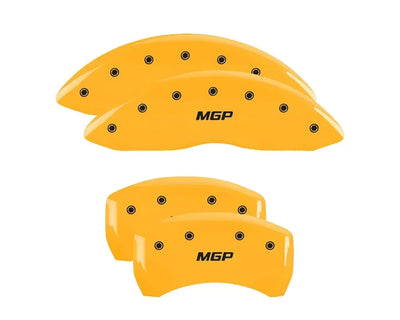 SET OF 4 CALIPER COVERS ENGRAVED FRONT/REAR MGP BLACK CHARACTERS YELLOW POWDER