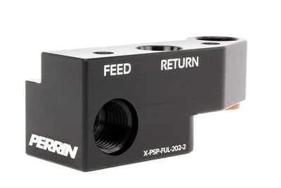 Perrin Subaru 02-14 WRX/07+ STi Black Junc. Block for Side Feed Fuel Rail w/Pass Through -6 Fittings