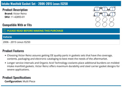 Engine Intake Manifold Gasket Set - 11-42893-01