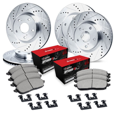 R1 Concepts Silver Drilled Slotted Rotors with 5000 Oep Brake Pads Hdw