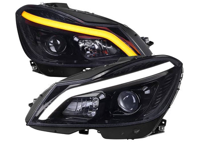 W204 2 DOOR COUPE 4 DOOR SEDAN HALOGEN PROJECTOR HEADLIGHTS WITH SEQUENTIAL SWITCHBACK TURN SIGNAL MATTE BLACK HOUSING SMOKED LENS