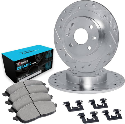 R1 Concepts 85-87 Nissan Maxima eLINE Drilled & Slotted Rotors and Carbon Series Brake Pads - Rear