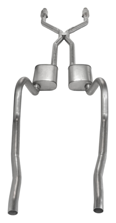 Crossmember Back w H-Pipe Exhaust System 75-76 Mopar A-Body Split Rear Dual Exit 2.5 in Intermediate And Tail Pipe Turbo Pro Mufflers Hardware Incl Tip Not Incl Catalytic Converter Incl Pypes Exhaust