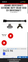 ~(31 lbs. 48X6X6)~ JL Rear 1350 Solid CV Driveshaft 2 Door with Ult 60s - NEED MEASUREMENT BEFORE WE CAN SHIP northridge part # only