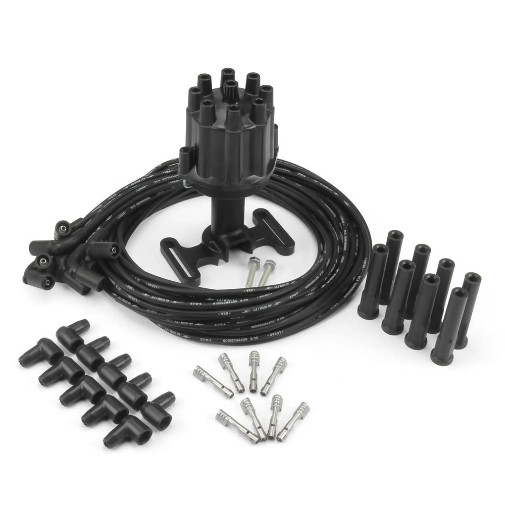 DISTRIBUTOR KIT WITH PLUG WIRES ALL LS BLACK FINISH GM STYLE