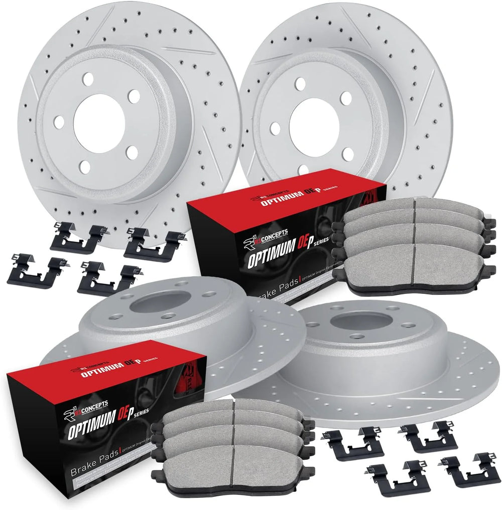 R1 05-20 Chrysler 300 Front & Rear Drill/Slot Carbon Coated Rotor Set w/Optimum Pads