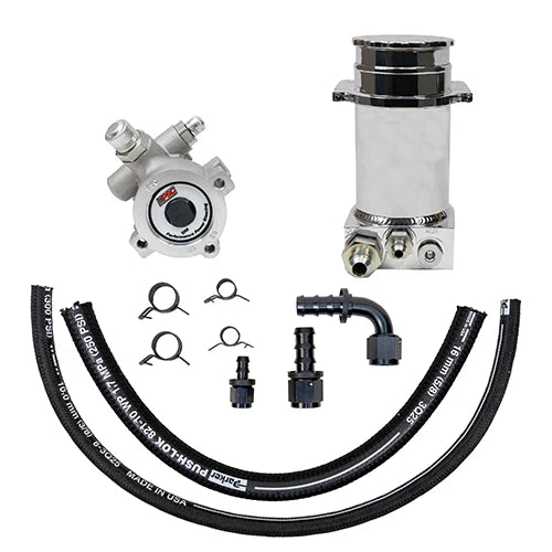 Pro Touring Power Steering Pump and Hydroboost Remote Reservoir Kit for Rack and Pinion Applications (Brushed Aluminum)
