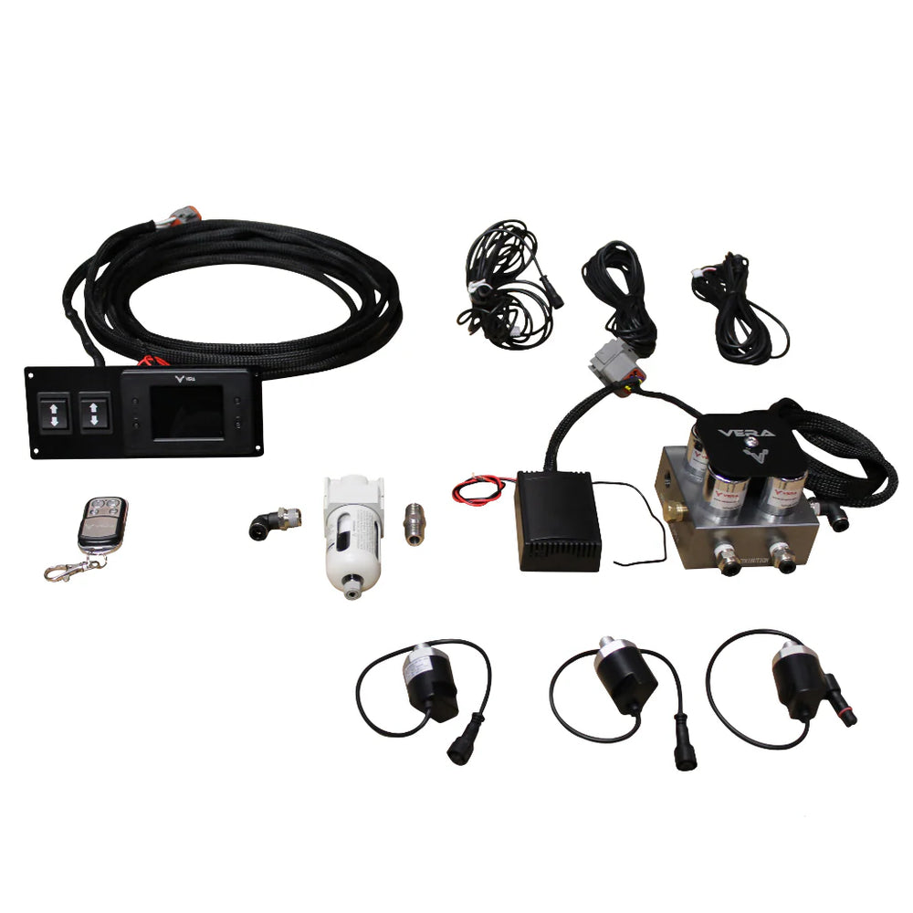 The Evo Bluetooth management system allows for electronic management of all four corners offering both in vehicle operation through included RF remote or our Bluetooth app available for both iPhone and Android. A Also includes five sensor digital gauge a