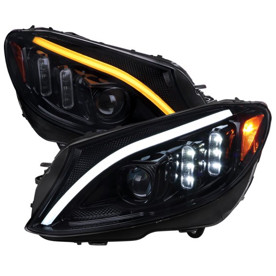 W205 PROJECTOR HEADLIGHTS GLOSSY BLACK HOUSING AND LIGHT SMOKED LENS - SEQUENTIAL TURN SIGNAL - HALOGEN MODELS ONLY