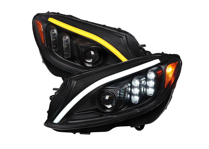 W205 PROJECTOR HEADLIGHTS MATTE BLACK HOUSING AND LIGHT SMOKED LENS - SEQUENTIAL TURN SIGNAL - HALOGEN MODELS ONLY