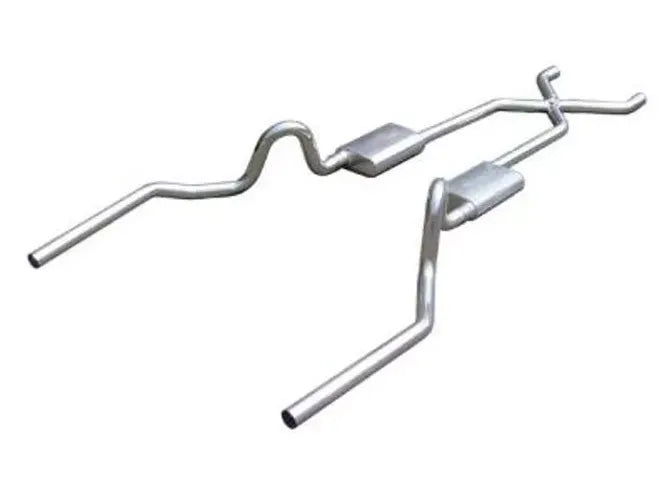 Crossmember Back w X-Pipe Exhaust System 64-72 A-Body Split Rear Dual Exit 2.5 in Intermediate And Tail Pipe Hardware Incl Muffler And Tip Not Incl 304 Stainless Steel Pypes Exhaust