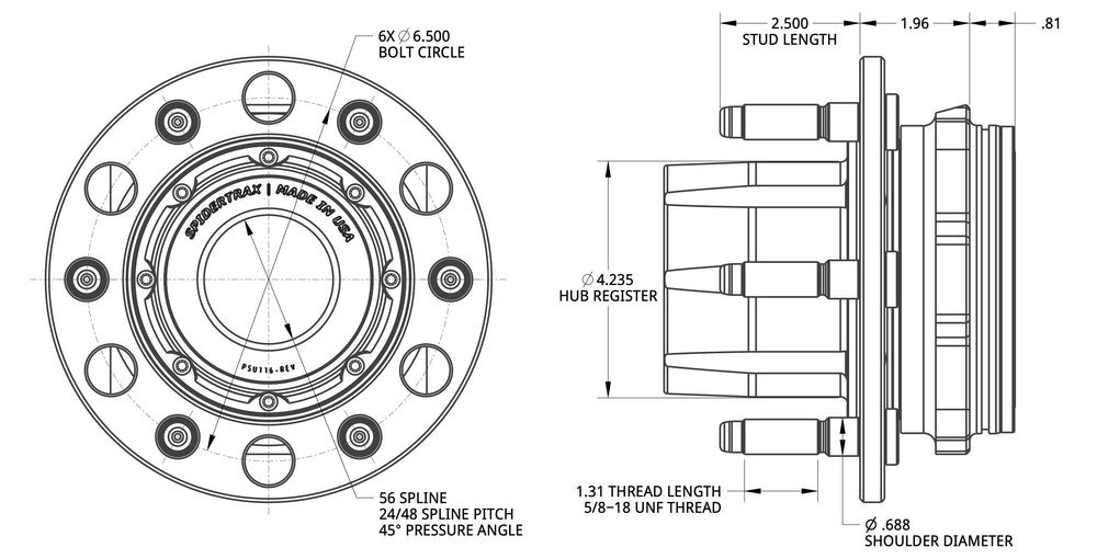 ~(19 lbs. 10X10X8)~ Spidertrax Pro Series Compact Unit Bearing (6 on 6-1/2IN x Press-In 5/8-18 Studs x 56 Spline)