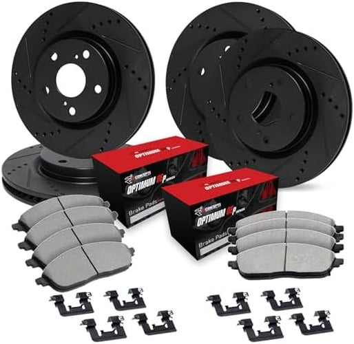 R1 Concepts Black Drilled Slotted Rotors with 5000 Oep Brake Pads Hdw Fits Audi Q7