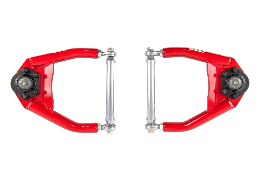 UMI's adjustable upper a-arms feature race quality, adjustable rod ends. Camber and caster can be adjusted, often without the need for shims.