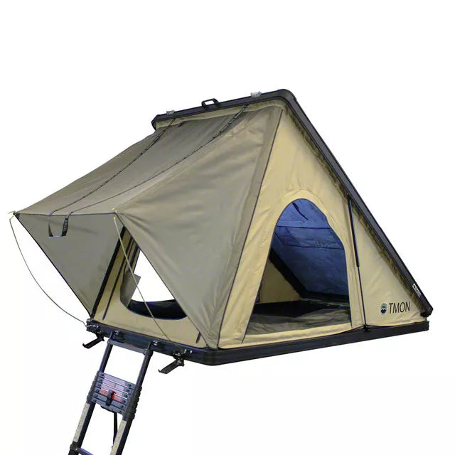 Overland Vehicle Systems LD TMON - Clamshell Aluminum Roof Top Tent 2 Person Tan Body Green Rainfly