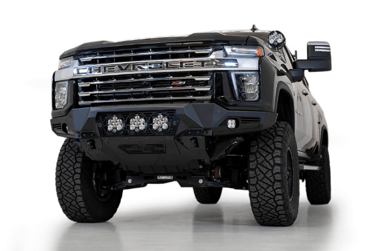 20C SILV 2500/3500 HD UP BOMBER FRONT BUMPER W/3 BAJA LP6 MOUNTS HAMMER BLK W/SATIN BLK PANEL