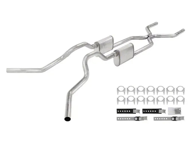 Crossmember Back W H-Pipe Exhaust System 63-66 GM Truck Split Side Dual Exit 2.5 Inch Intermediate And Tailpipe Hardware Incl Race Pro Muffler Incl And Tip Not Incl Stainless Steel Pypes Exhaust