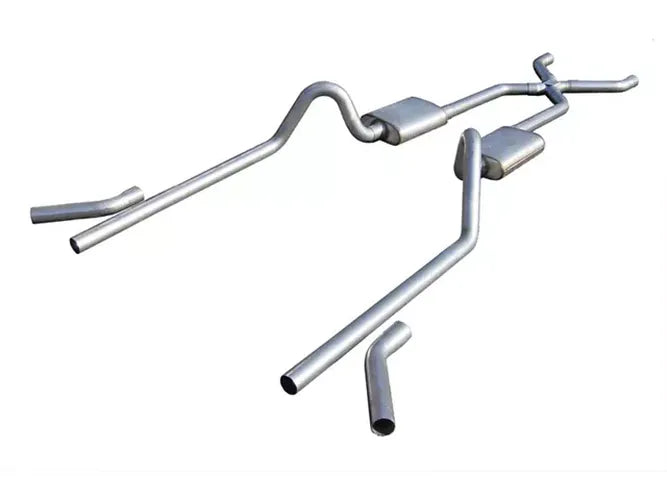 Crossmember Back w X-Pipe Exhaust System 55-57 Tri-Five Chevy Split Rear Dual Exit 2.5 in Intermediate And Tail Pipe Turbo Pro Mufflers Hardware Incl Tip Not Incl Pypes Exhaust