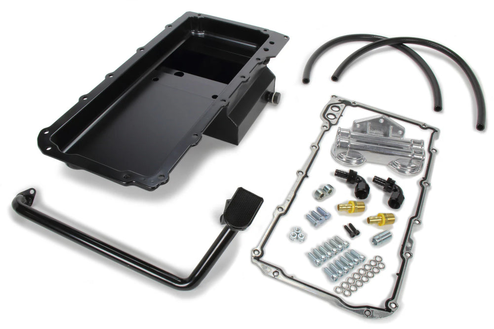 LS SWAP OIL PAN & FILTER RELOCATION KIT DOUBLE FILTER HORIZONTAL PORT BLACK