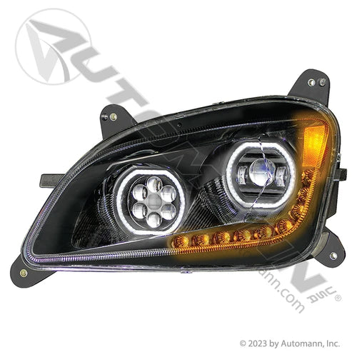 PETERBILT 388/389/567/589 9600 12V LED HEATED HEADLIGHT LEFT BLACK BEZEL (SINGLE HARNESS AVAILABLE)