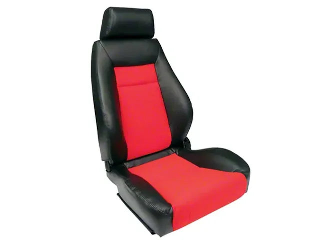 ELITE RECLINER BLACK VINYL SIDES RED VELOUR INSERT RIGHT