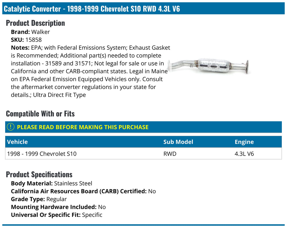 Catalytic Converter: Variuos Makes and Models; direct fit