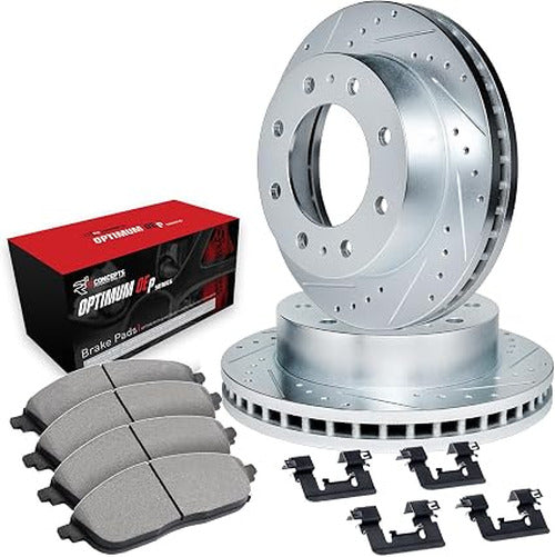 R1 Concepts Silver Drilled Slotted Rotors with 5000 Oep Brake Pads Hdw Fits Dodge B300