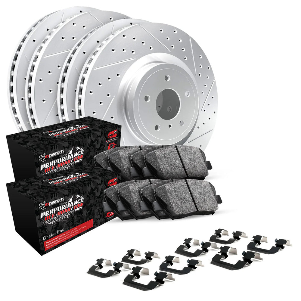 R1 07-18 Jeep Wrangler Front & Rear Drill/Slot Carbon Coated Rotor Set w/Off-Road/Tow Pads