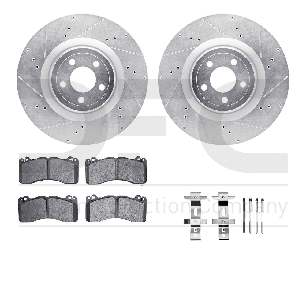 R1 15-23 Ford Mustang Front Drilled & Slotted Silver Brake Rotor Set w/Optimum OE Pads and Hardware