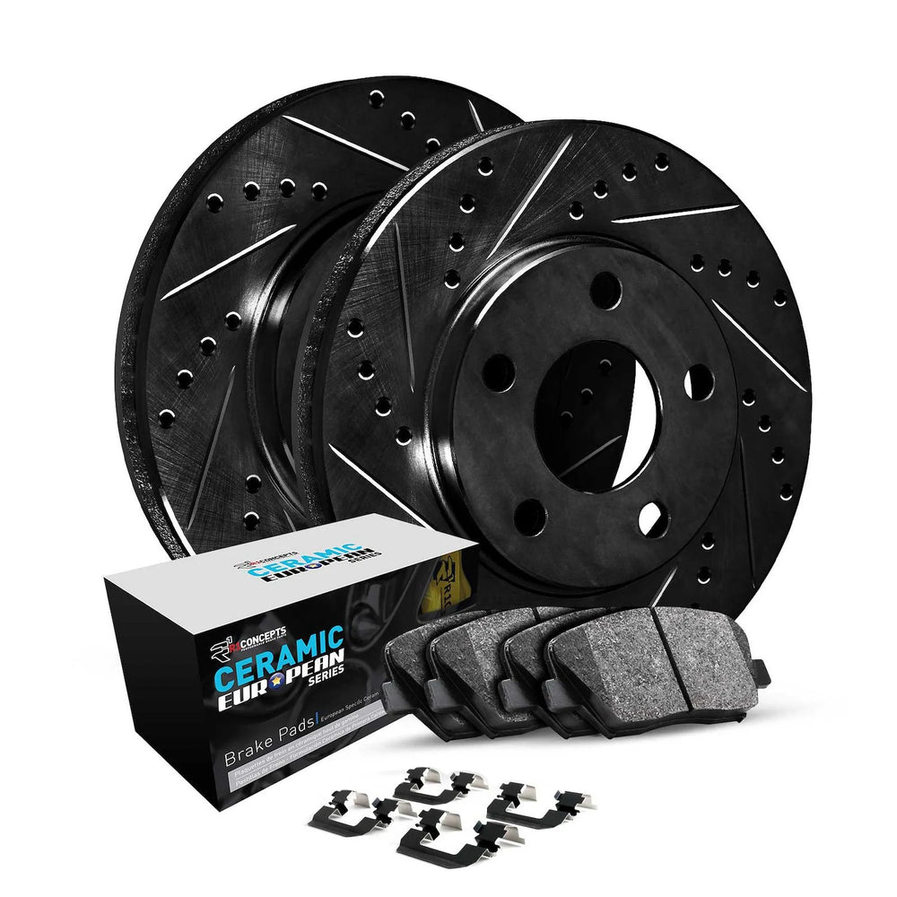R1 16-25 BMW 540i Front Drilled & Slotted Black Brake Rotor Set w/Euro Ceramic Pads and Hardware