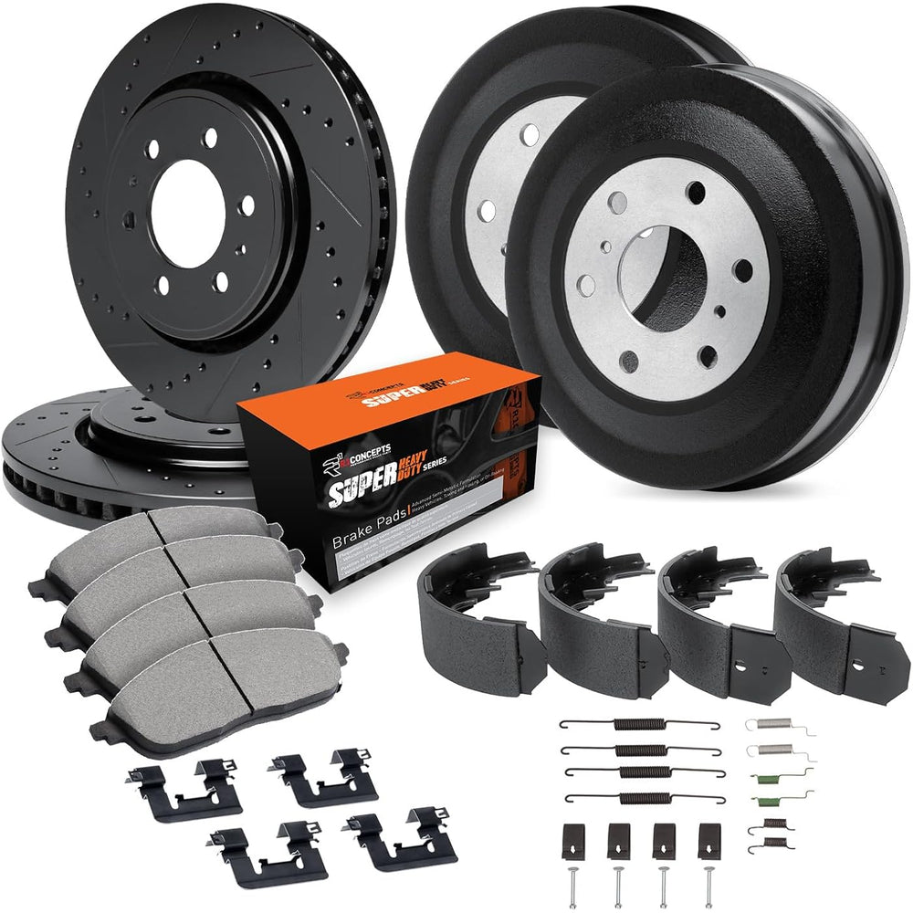 R1 05-23 Toyota Tacoma Front & Rear Drill/Slot Black Rotor/Drum w/Super Duty Pads