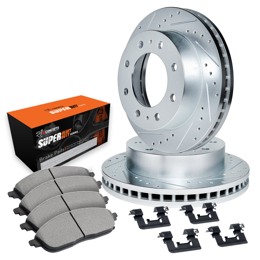R1 03-08 Dodge Ram 3500 Rear Drilled & Slotted Silver Brake Rotor Set w/Super Duty Pads and Hardware