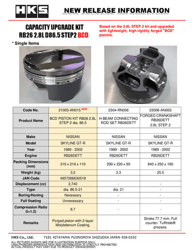 HKS BCD Full Piston Kit RB26 2.8L 86.5
