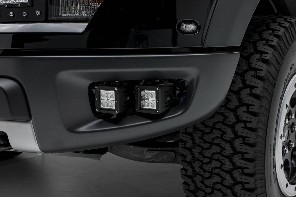 ~(12 lbs. 14X9X8)~ 2010-2014 FORD F150-RAPTOR: Front Bumper Side Opening LED Light Bar Mount KIT with Four 3 IN Square Work Lights (Includes Universal Wiring Harness)