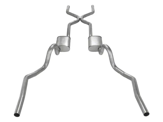 Crossmember Back w H-Pipe Exhaust System 64-72 A-Body Split Rear Dual Exit 2.5 in Intermediate And Tail Pipe Turbo Pro Muffler Hardware Incl Tip Not Incl Pypes Exhaust
