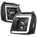 PROJECTOR HEADLIGHTS WITH LED BAR GLOSSY BLACK HOUSING AND SMOKED LENS - SWTICHBACK AND SEQUENTIAL TURN SIGNALS