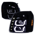 PROJECTOR HEADLIGHTS WITH LED BAR GLOSSY BLACK HOUSING AND SMOKED LENS - SWTICHBACK AND SEQUENTIAL TURN SIGNALS