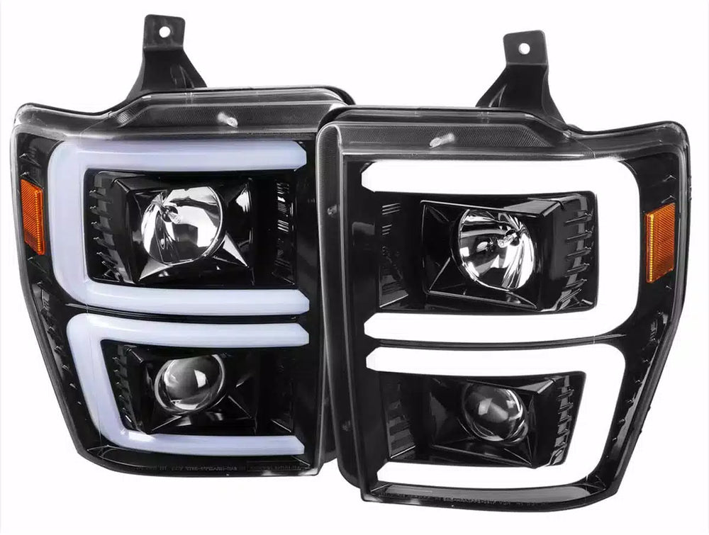 PROJECTOR HEADLIGHTS WITH LED BAR GLOSSY BLACK HOUSING AND CLEAR LENS - SWITCH BACK SEQUENTIAL TURN SIGNAL
