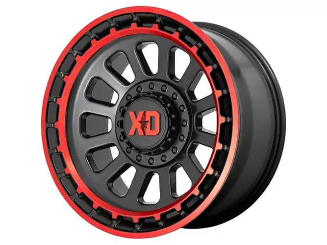 OMEGA 20x10 6x135.00/6x139.70 SATIN BLACK MACHINED LIP W/RED TINT (18 mm)