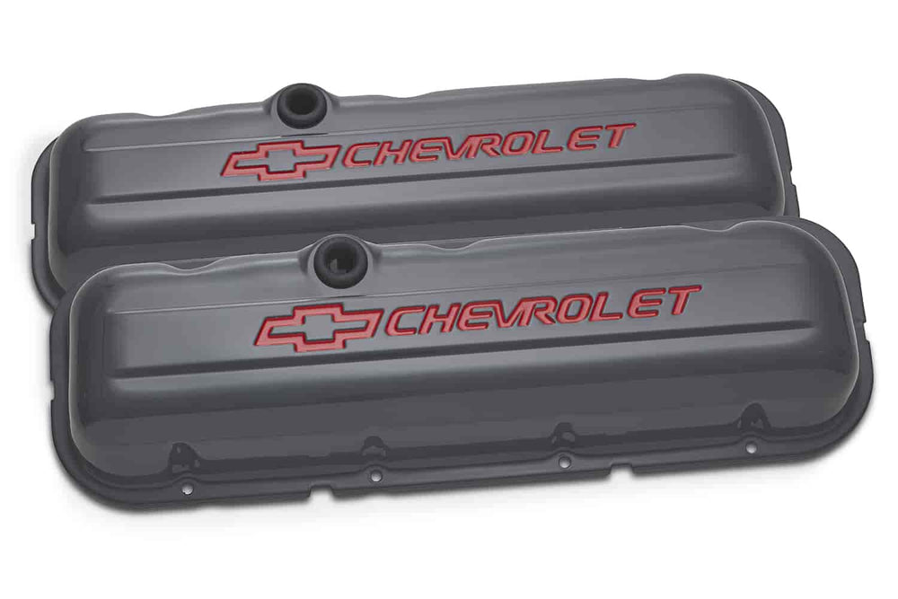 CHEVY & BOWTIE EMBLEM; DIECAST VALVE COVER SLANTEDGE RECESSED RED/BLACK CHRO
