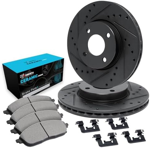 R1 06-19 ScIon iQ Front Drilled & Slotted Black Brake Rotor Set w/Ceramic Pads and Hardware