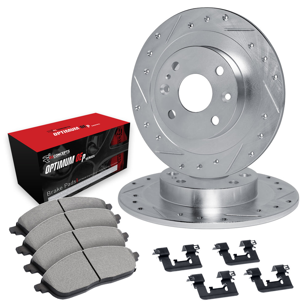 R1 74-78 Nissan 260Z Front Drilled & Slotted Silver Brake Rotor Set w/Optimum OE Pads and Hardware