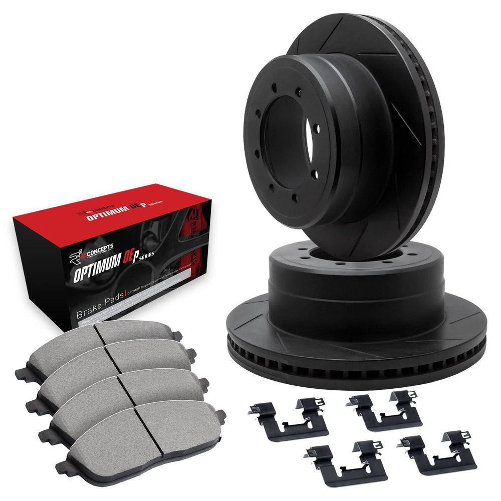R1 Concepts Black Slotted Rotors with 5000 Oep Brake Pads Hdw Fits Dodge Ram