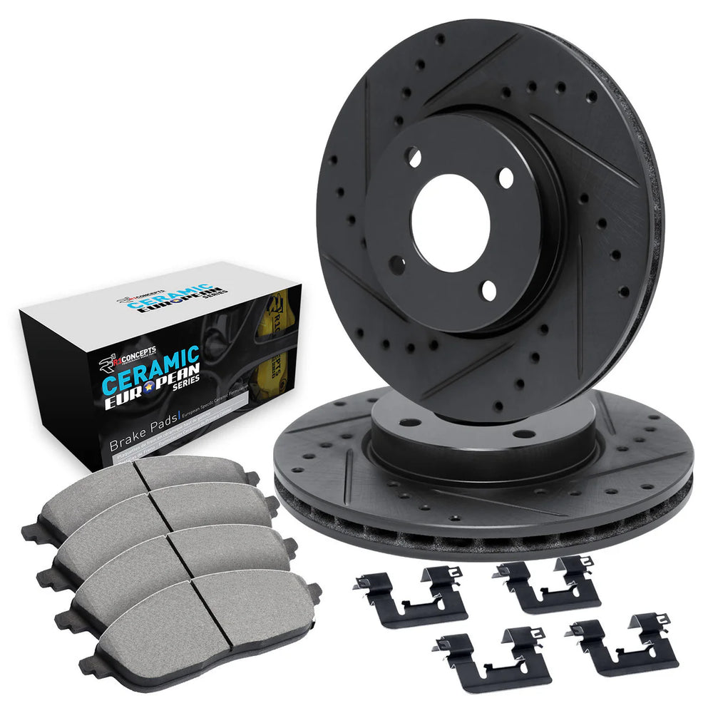 R1 16-18 Smart Fortwo Front Drilled & Slotted Black Brake Rotor Set w/Euro Ceramic Pads and Hardware