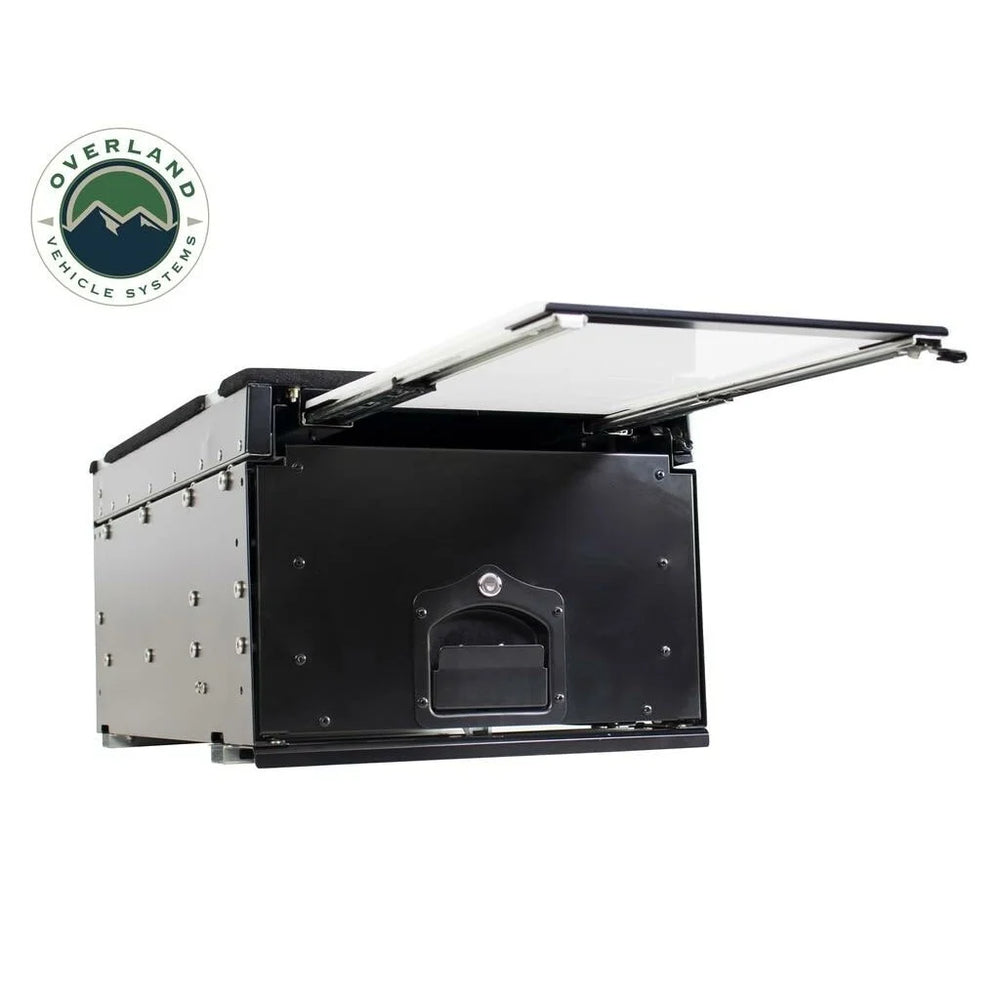 Overland Vehicle Systems Cargo Box With Slide Out Drawer Working Station - Black Powder Coat